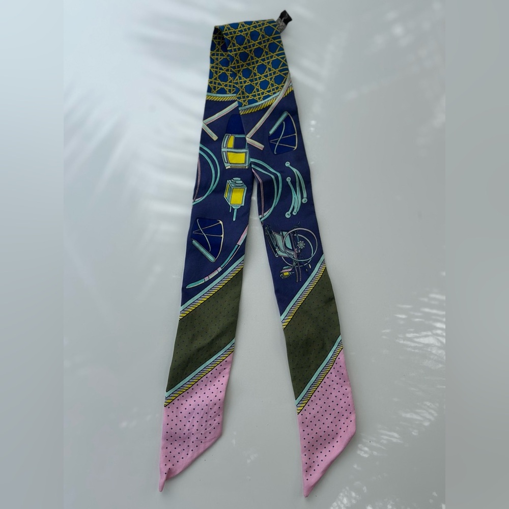 SOLD Hermès Twilly Silk Scarf – Multicolor “Instruments” Print